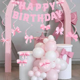 28pcs Pink Bow Birthday Decorations with Banner, Swirls, Balloons & Garland