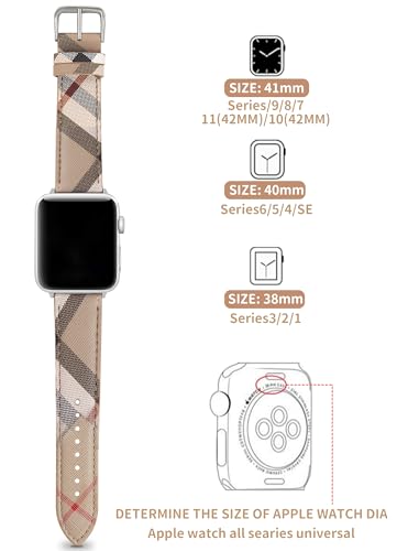 Designer Watch Band for Women Compatible with  Watch Bands 41mm 40mm 38mm, Luxury Leather Classic Beige Plaid Watch Band Compatible for iWatch