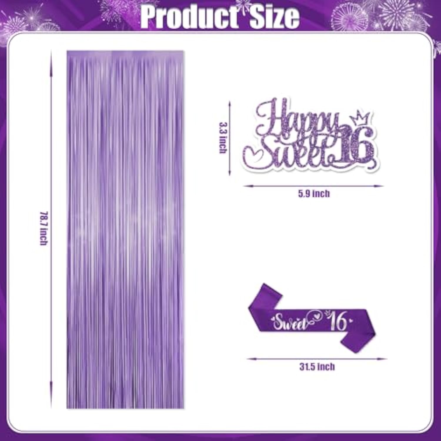 104Pcs Sweet 16 Birthday Decorations For Girls, Purple Sweet 16 Party Decorations Include Banner Balloons Balloons Box Tiara Sash Caketopper Guest Book Tablecloth Foil Fringe Curtain