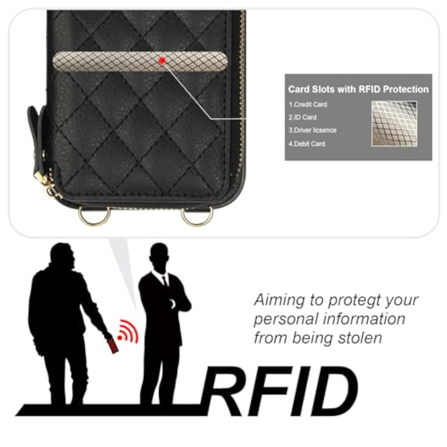 Crossbody Wallet Case For Iphone 16 Plus, Rfid Blocking Pu Leather Zipper Handbag Purse Flip Cover, Kickstand Folio Case With Card Slots Holder Wrist Strap Lanyard 5G 6.7 Inch (Black)