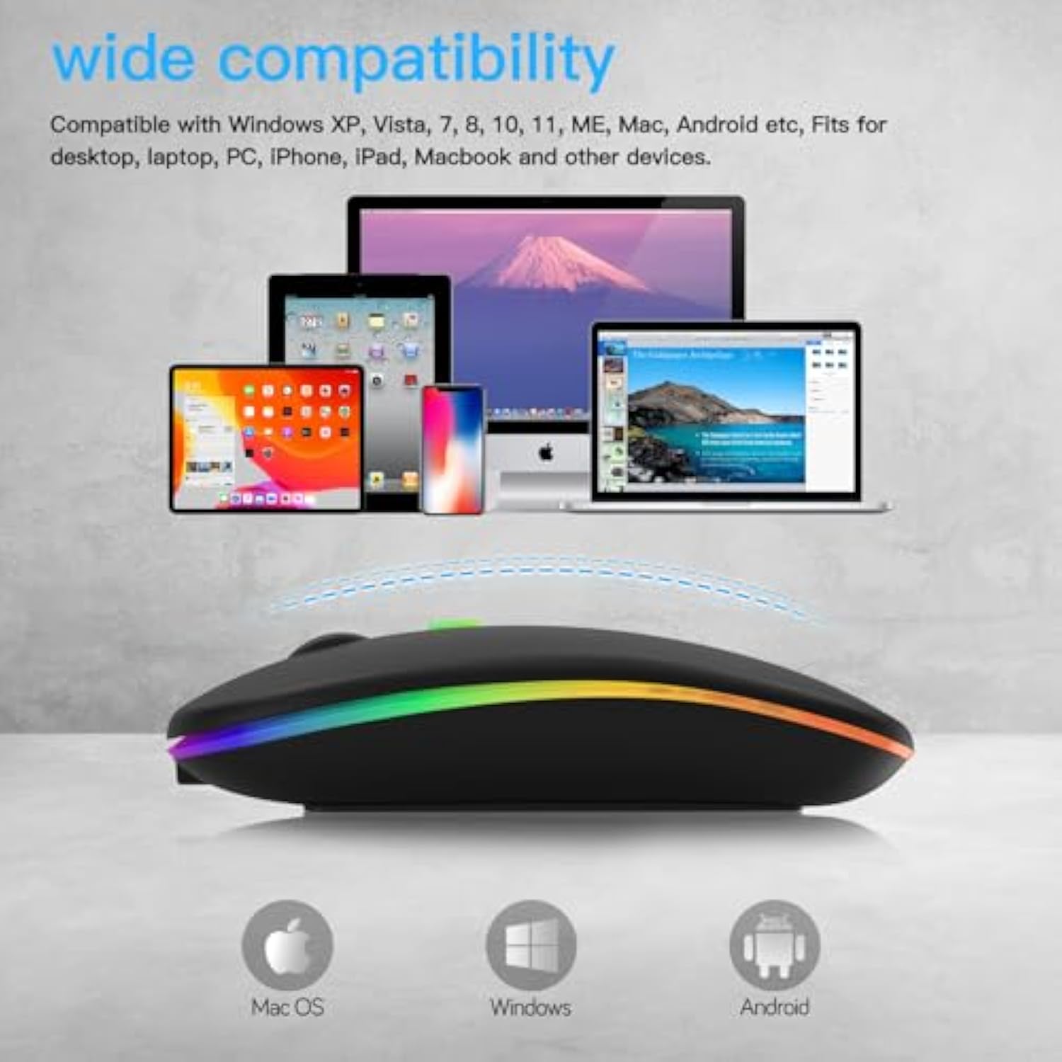 Wireless Bluetooth Mouse, Dual Mode(Bluetooth 5.2 And 2.4G) Usb Optical Mouse, Led Slim, Rechargeable (Type C Charging Port, Black) For Laptop, Pc, Mac Os, Android, Windows