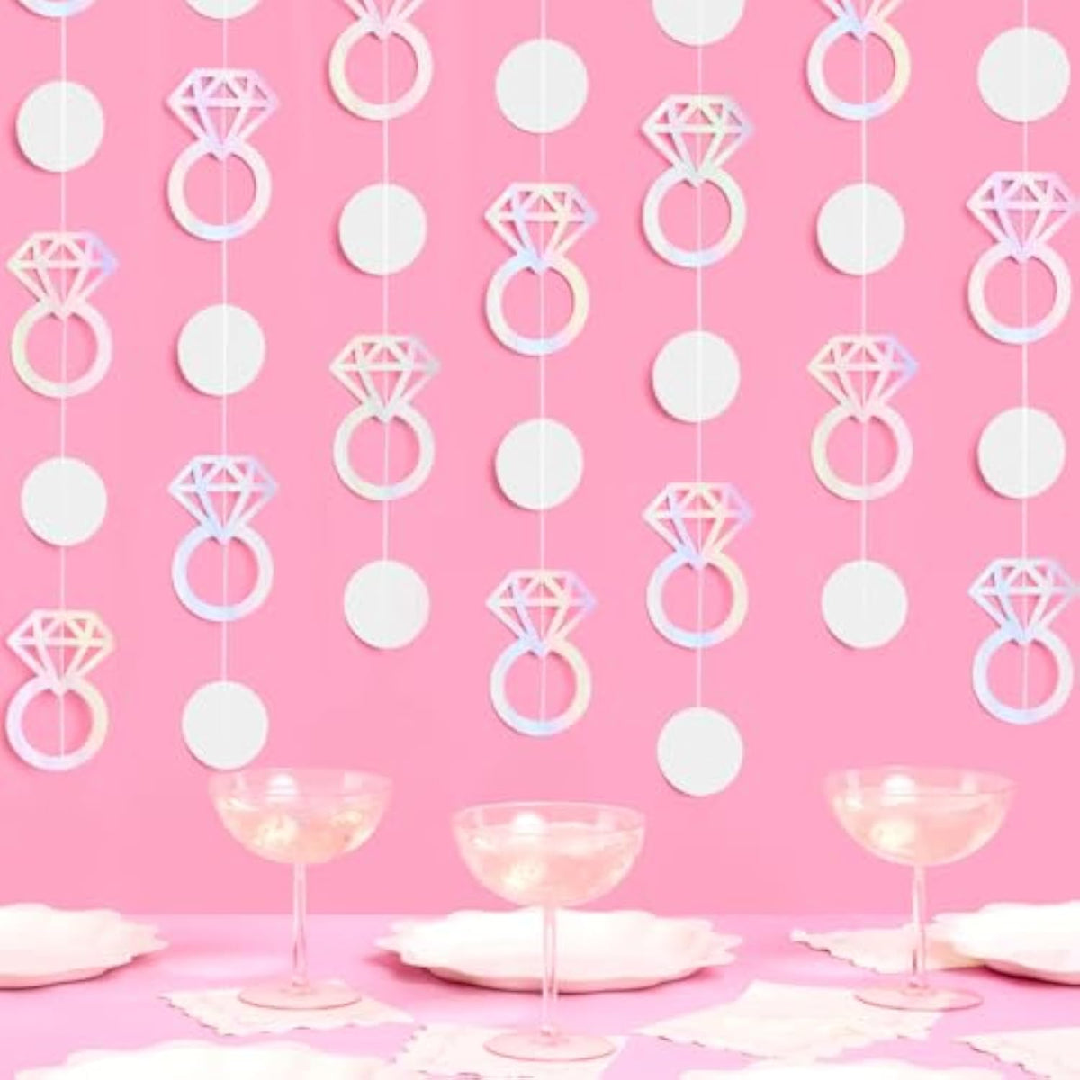 Iridescent Engagement Ring Garland - 4 Pcs, 12' | Bachelorette Decorations, Tying The Knot Bride Bach Decor, Engagement Party Photo Booth Backdrop, Proposal Supplies