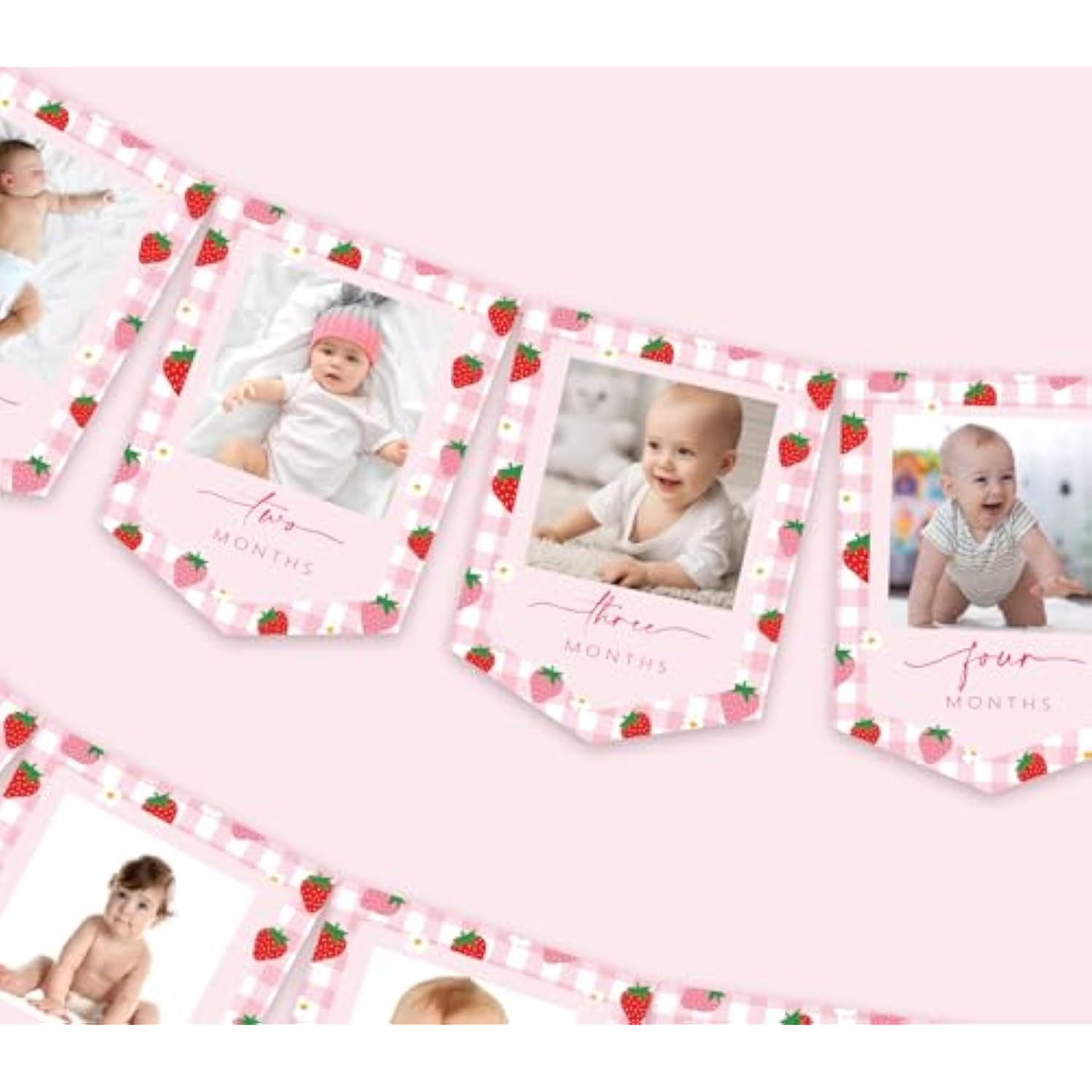 2Pcs Strawberry Photo Banners Pink Red Plaid Daisy Strawberry Banner Newborn To 12 Months Picture Display Garland For 1St Birthday Decoration
