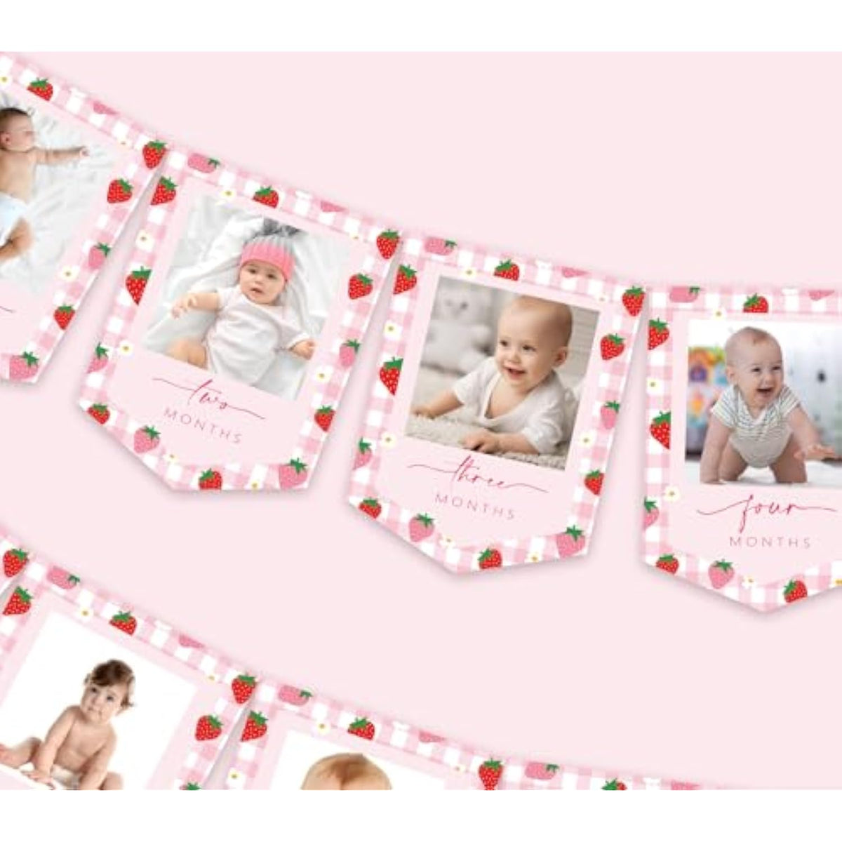 2Pcs Strawberry Photo Banners Pink Red Plaid Daisy Strawberry Banner Newborn To 12 Months Picture Display Garland For 1St Birthday Decoration