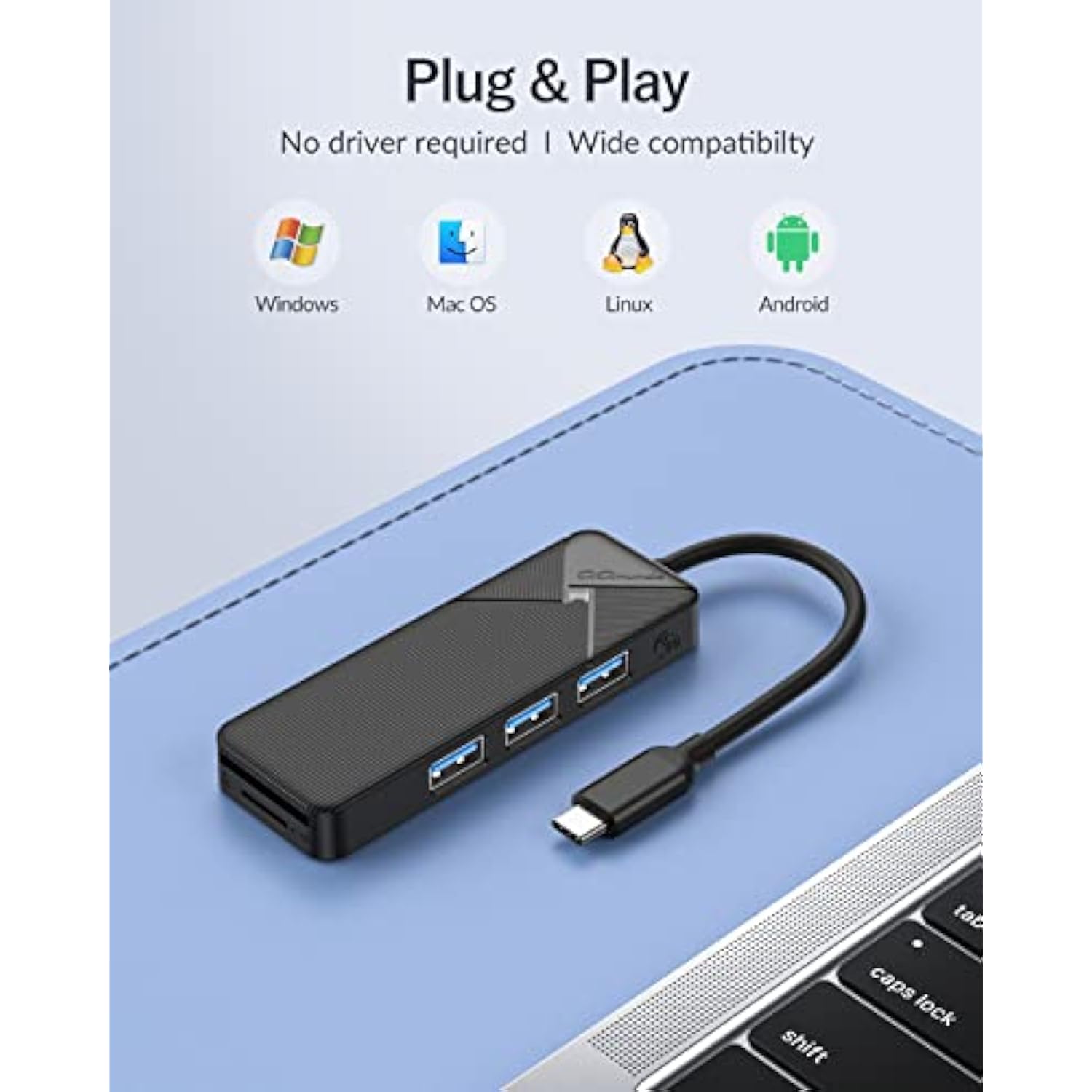 Usb Hub 3.0 With Sd Tf Card Reader, 4 Ports 5Gbps Usb Splitter Multi Expander