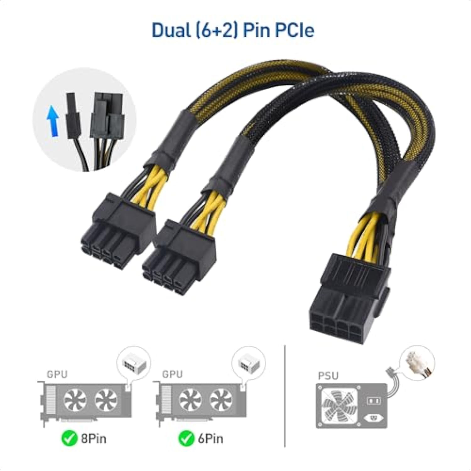 Cable Matters 2-Pack PCIe 8 Pin to Dual 8 Pin (6+2) Female to Male PCIe Power Adapter for GPUs - 9 Inches (8 Pin PCIe Cable GPU, Dual 8 Pin PCIe Cable)