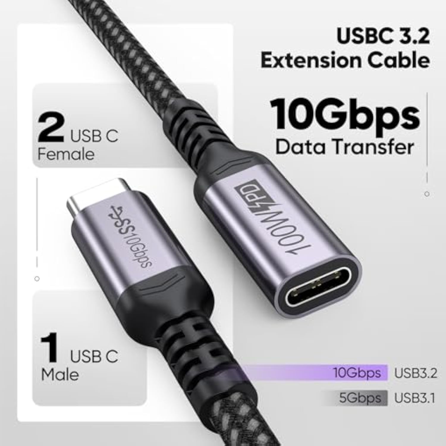Usb C Extension Cable 3Ft Pack Of 2, (10Gbps/100W/4K@60Hz) Usbc 3.2 Extender Male To Female High Speed Cord, Data Transfer & Charging & Video Sync For Usb-C Hub Mag-Safe Laptop Tablet Phone Monitor