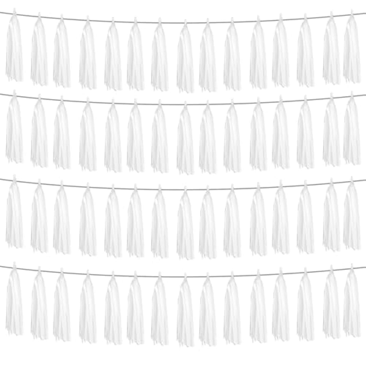 4P White Foil Fringe Metallic Tassel Streamers Banner Tassel Garland For Parade Floats, Graduation, Wedding, Birthday, Halloween, Christmas, Bridal/Baby Shower Party Decorations