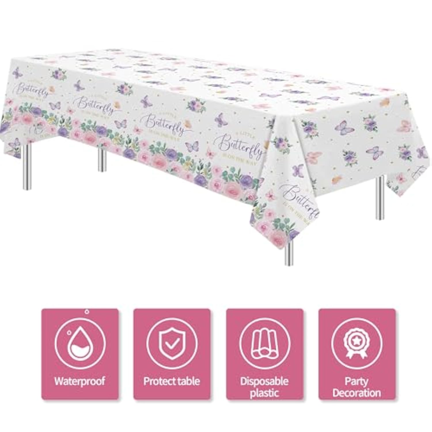 Butterfly Baby Shower Decorations Tablecloth, A Little Butterfly Is On The Way Baby Girl Party Supplies Tablecover, Pink Floral Decorations Party Table Cloth, 3 Pack, 54In X 108In