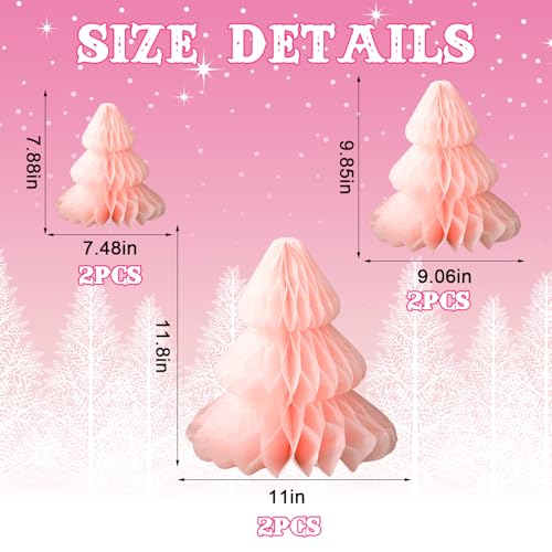 6Pcs Christmas Honeycomb Paper Tree 3D Xmas Centerpieces Pink Table Toppers for Holiday Party Home Decorations, 8", 10", 12"