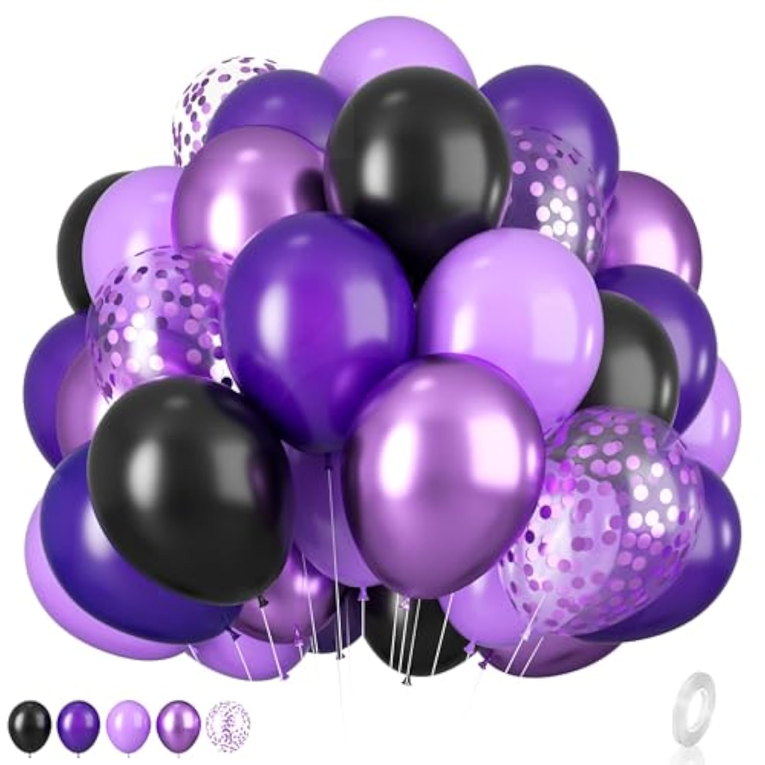 Purple Black Balloons 12 Inch Metallic Dark Purple with Confetti Latex Party Decorations