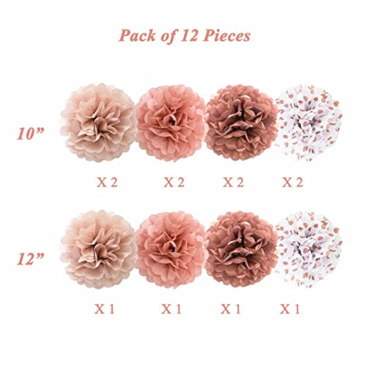 Rose Gold Tissue Paper Pom Poms Flowers Dusty Pink Coral Polka Dot Wall Hanging Wedding Birthday Bridal Baby Shower Party Decorations 12" 10" Pack Of 12