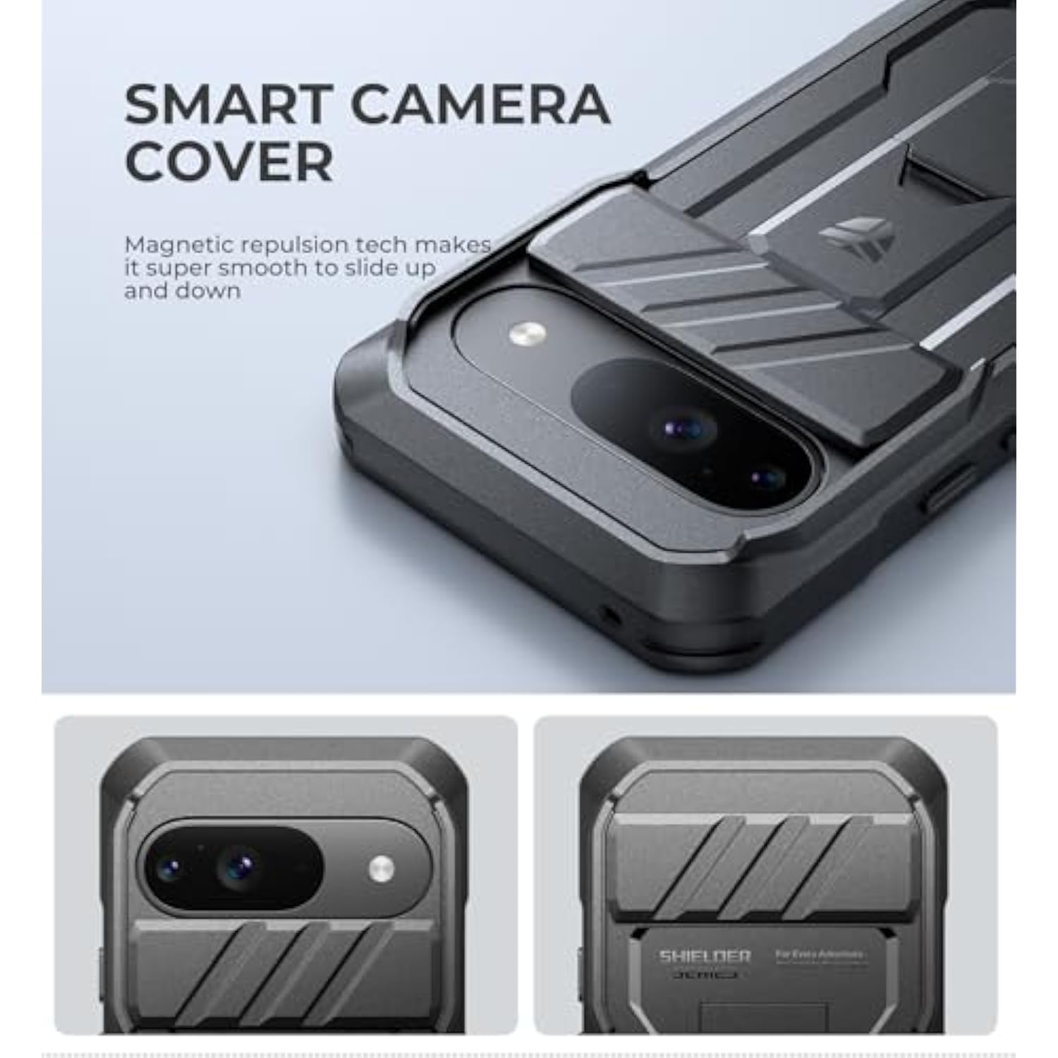 Black Pixel 9 rugged case with slide camera cover, screen protector & kickstand.