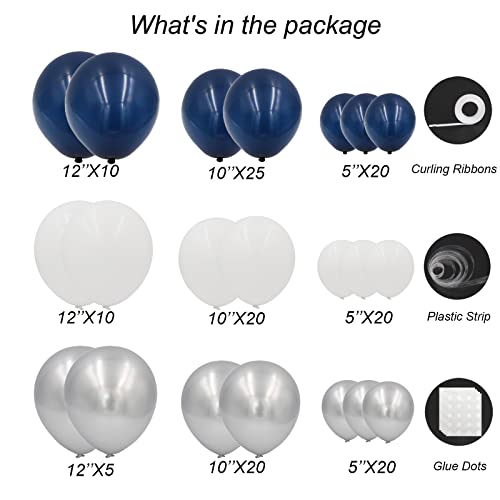 Navy Blue and Silver Balloons Garland Arch Kit,150pcs Navy Blue Silver and White Latex Balloons in Different Sizes for New Year Graduation Baby Shower Birthday Prom Wedding Party Decorations