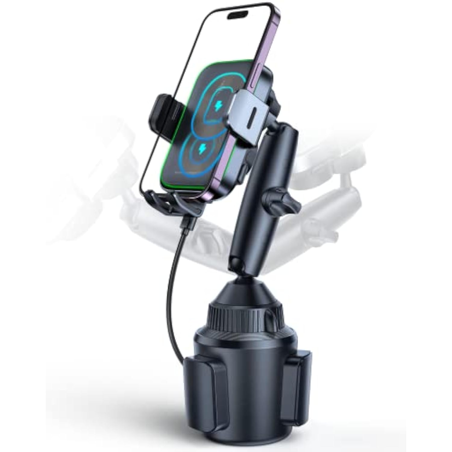 Dual Coil Wireless Car Charger Auto Clamping 15W Cup Holder Phone Wireless Charger Mount Fast Charge Tri-Pivots Height Adjustable Phone Holder Car Truck For Iphone 16 15 14 13 Samsung Lg Etc.