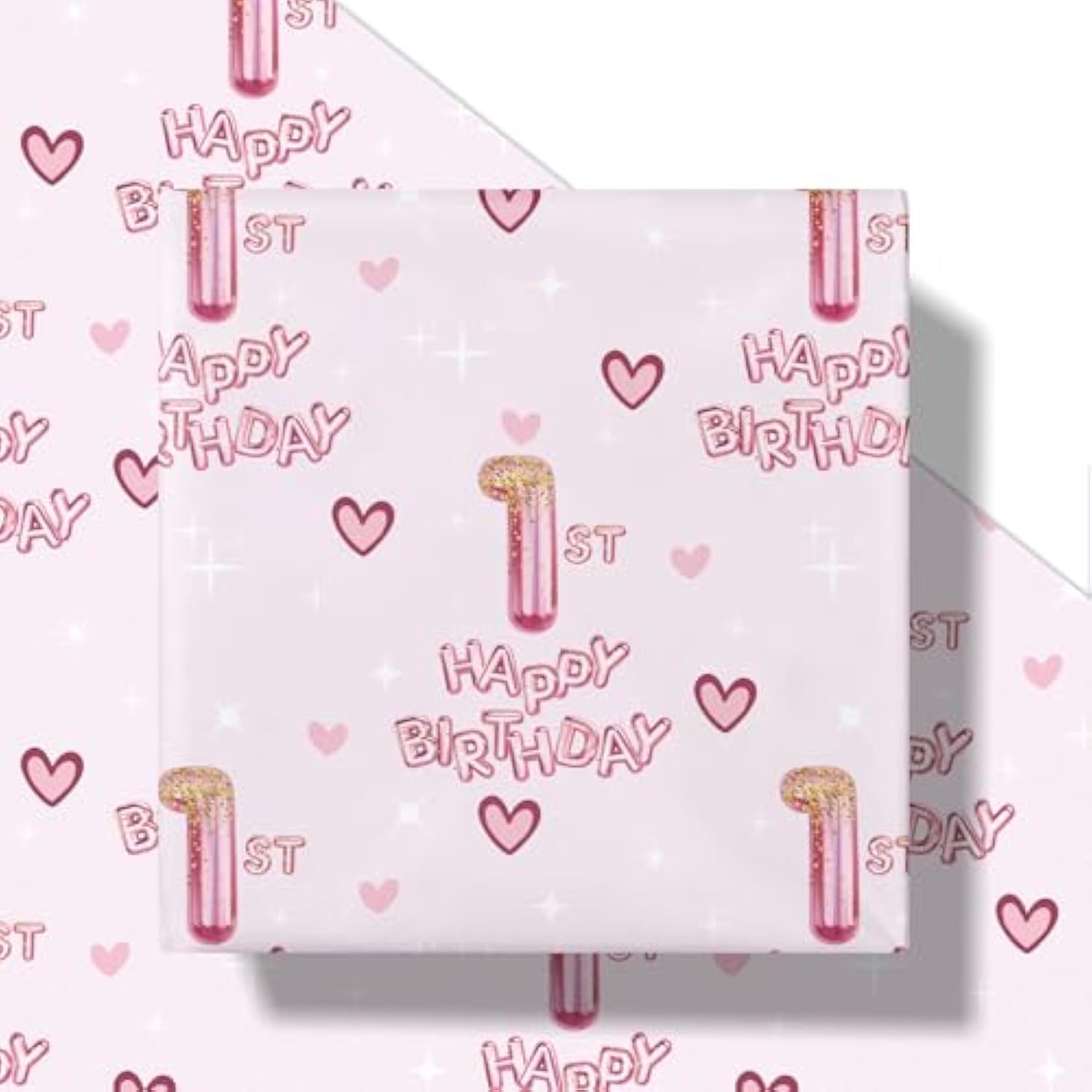 1St Birthday Wrapping Paper Girls, Hearts And Pink Number 1 Balloons Happy Birthday Design, 1 Year Old, Mini Roll, 17 Inches X 16.4 Feet, Perfect For Girls' Birthday Party Gifts