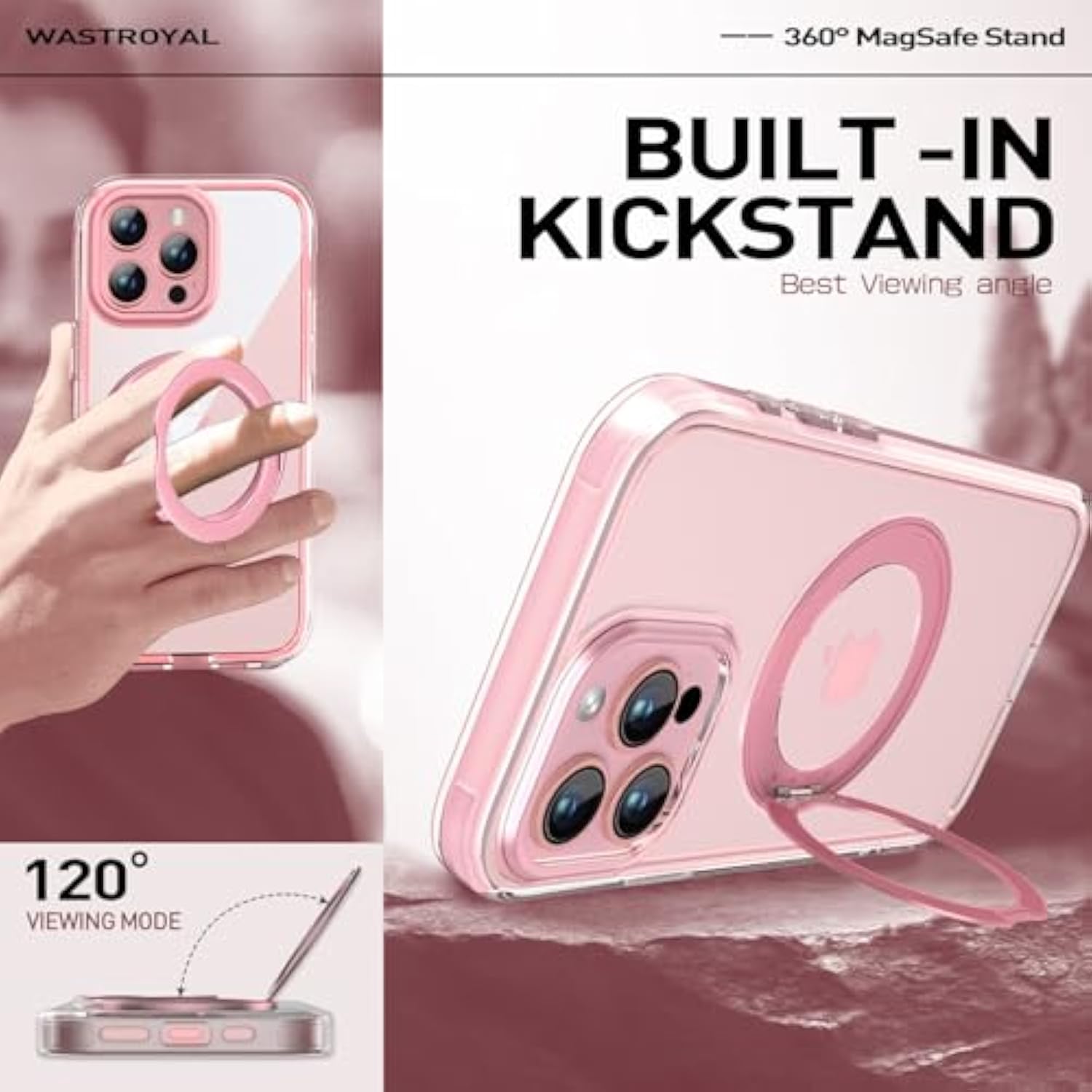 Privacy Case For Iphone 16 Pro Max With 360°Stand [Built-In Anti Peeping Screen Protector] [Compatible With Magsafe] [Magnetic Ring ] Full Body Protective Phone Cover 6.9", Pink