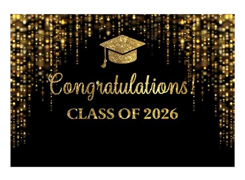 82" x 59" Graduation Party Backdrop Class of 2026 Black and Golden Glitter Bokeh Spot Photography Background Congrats Grad Prom Gold Dots Decor Photo Studio Booth Prop Cake Table Banner