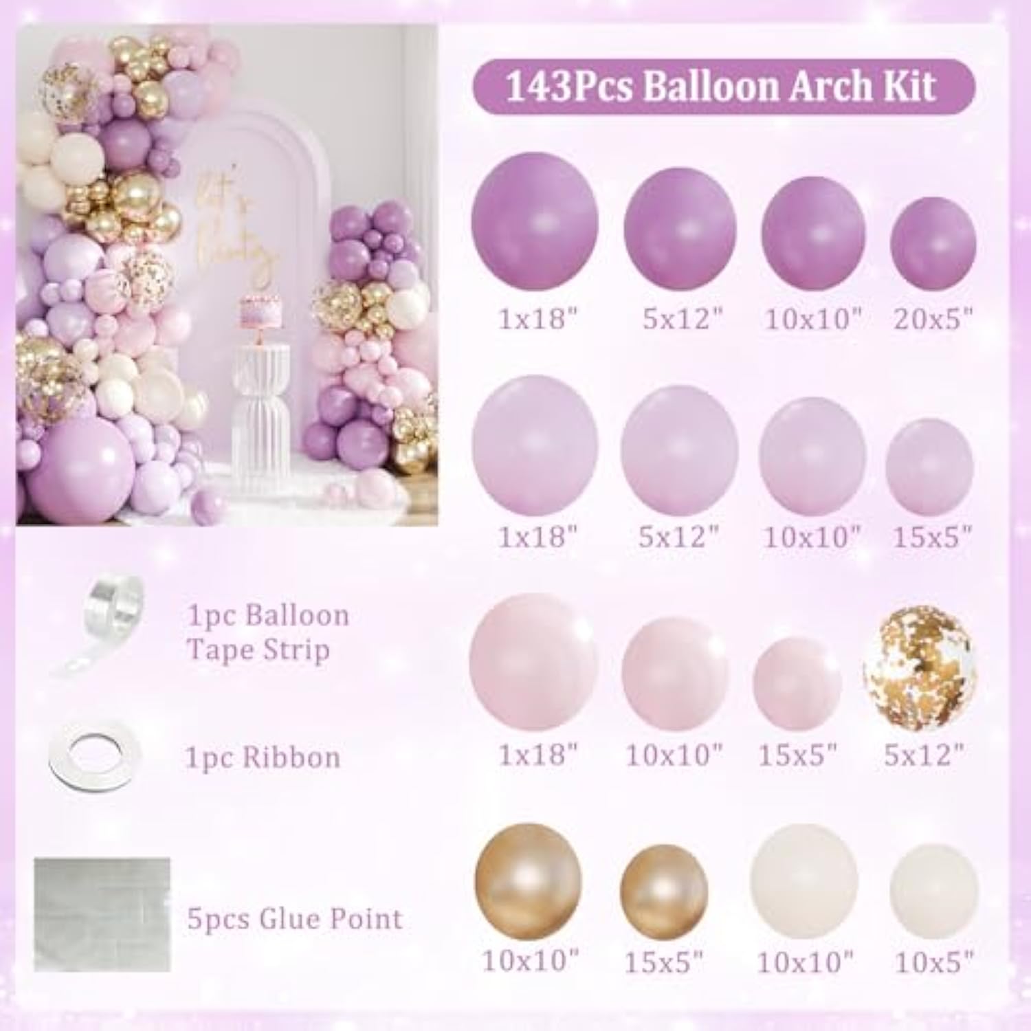 Purple Balloon Arch Kit, 143Pcs Pink, Lavender, Gold Confetti for Parties & Showers