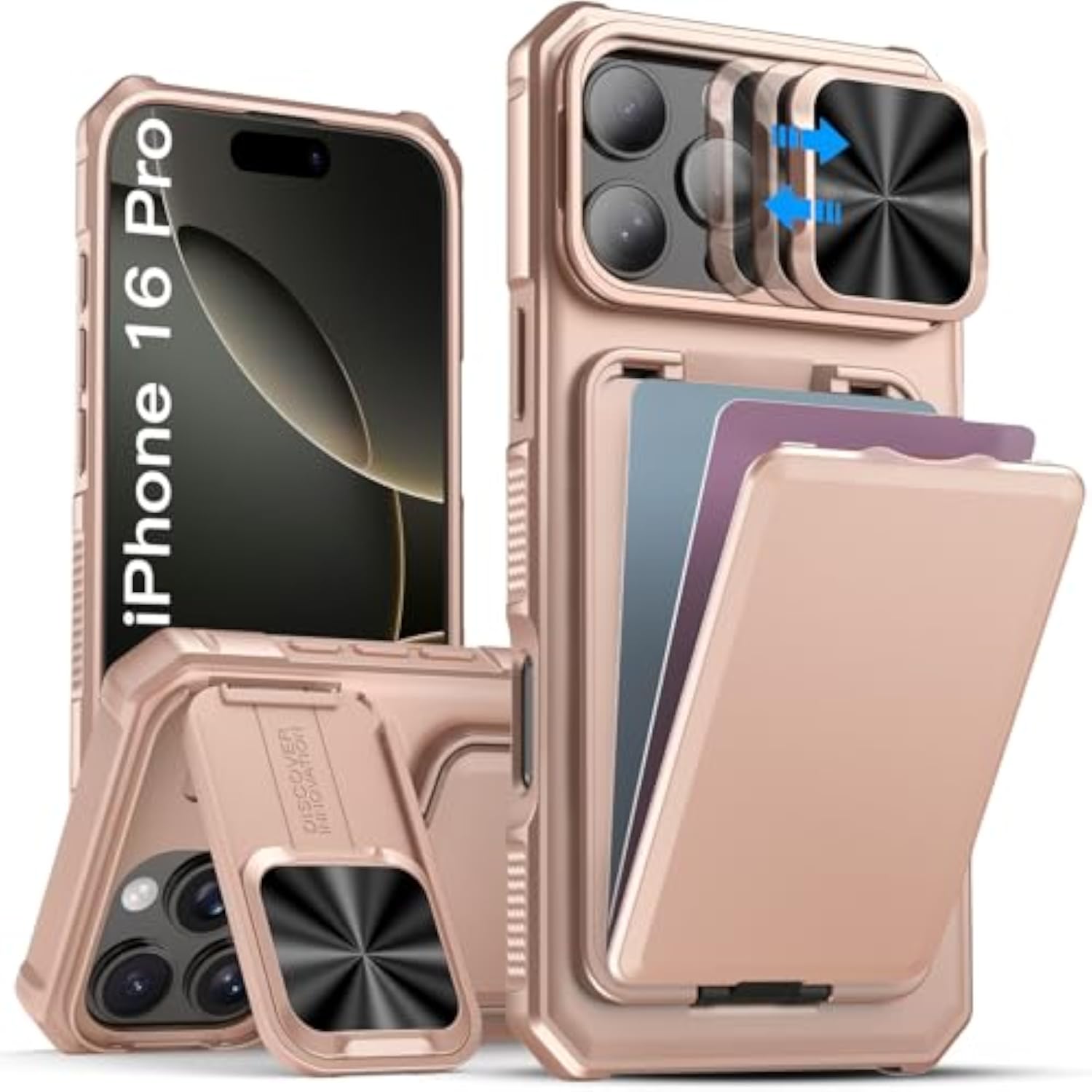 Rose Gold iPhone 16 Pro Case with Stand and Card Holder