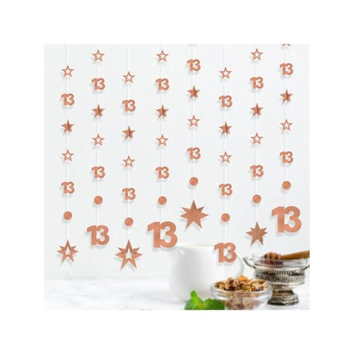 Rose Gold 13Th Birthday Decorations For Girls, 8 Pcs Number 13 Circle Dot 3D Star Metallic Hanging Streamer Happy 13 Year Old Birthday Banner Backdrop Thirteen Anniversary Party Supplies