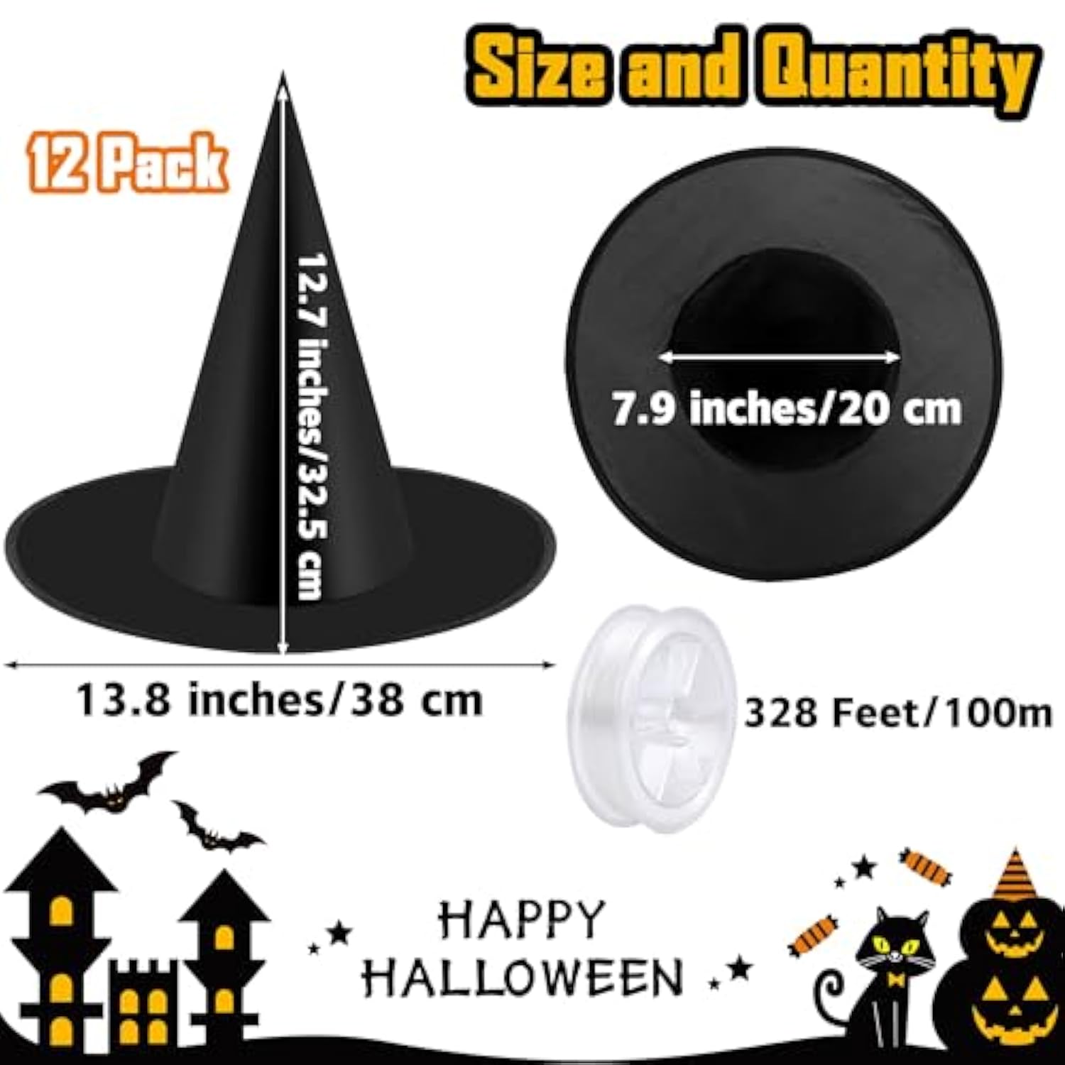 12 Pieces Halloween Costume Witch Hat With 100 Yards Hanging Rope For Halloween Yard Decoration