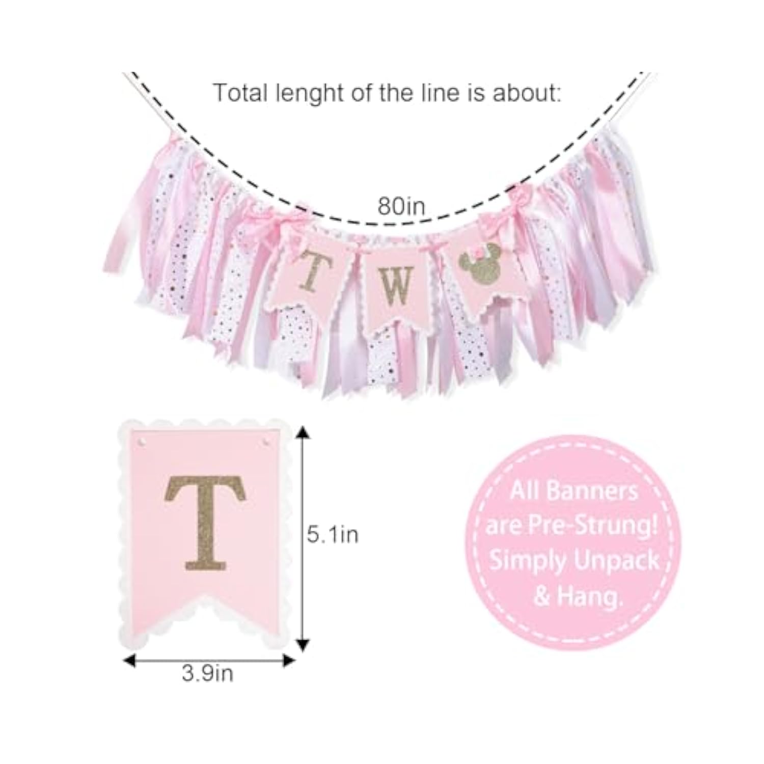 Minnie Mouse 2nd Birthday Highchair Banner – Pink Gold Ribbon Decor & Photo Prop for Girls