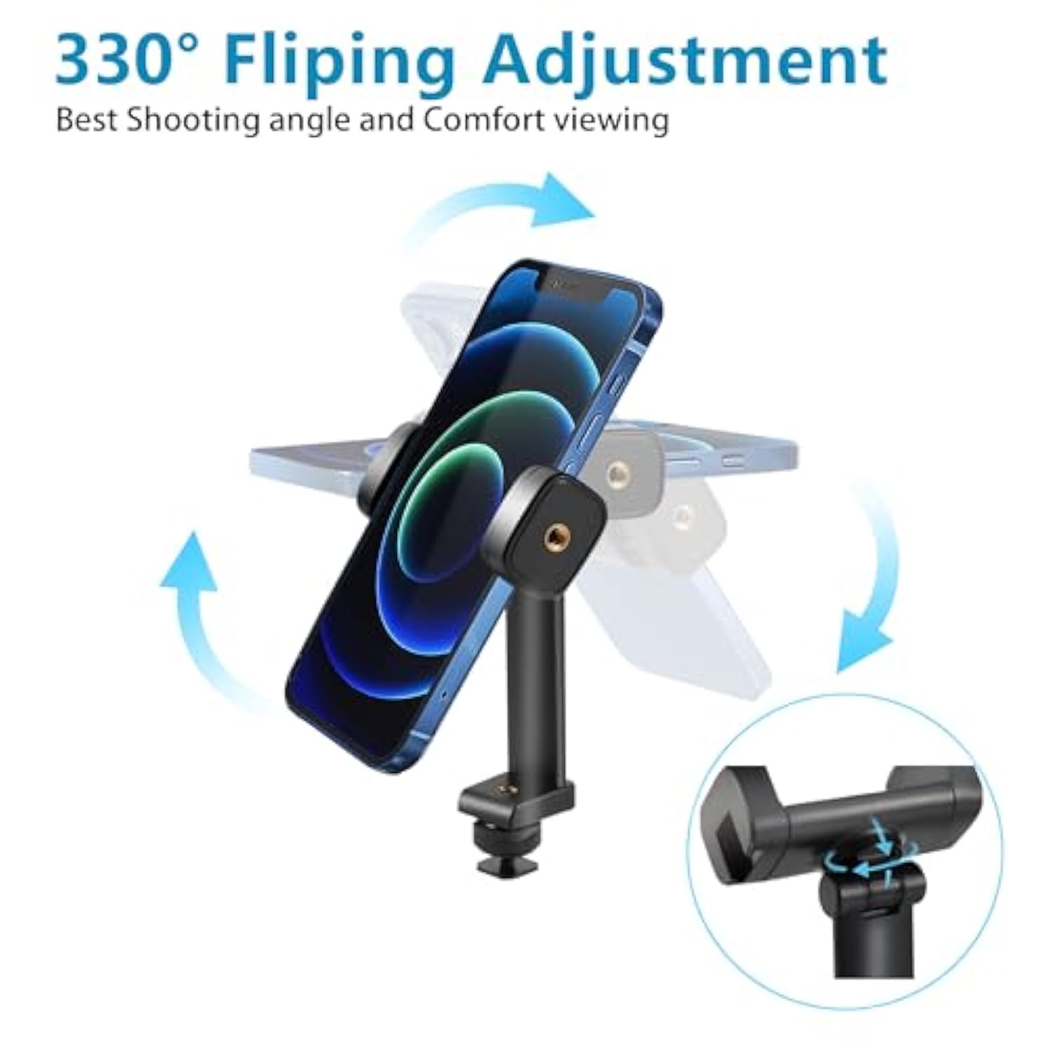 Cell Phone Holder Vertical And Horizontal Tripod Mount Adapter Rotation Bracket Adjustable Clip With Cold Shoe And 1/4" Screw For Iphone, Android Phone, Selfie Stick, Monopod, Camera