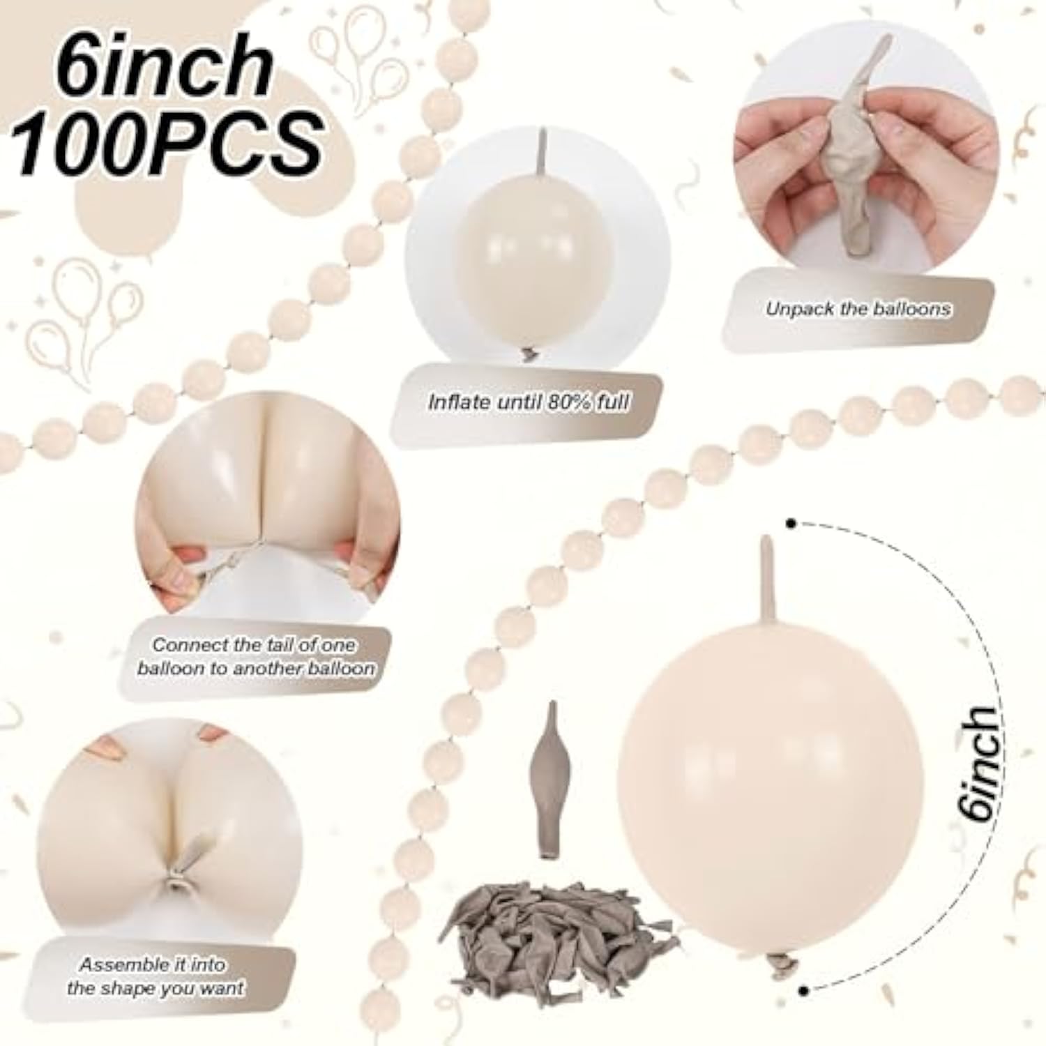 Sand White Quick Link Balloons, 60Pcs Linking Balloon For Making Balloon Wall Arch Chains, Cream Beige Linked Balloons For Wedding Birthday Baby Shower Engagement Graduation Party Decorations (10Inch)