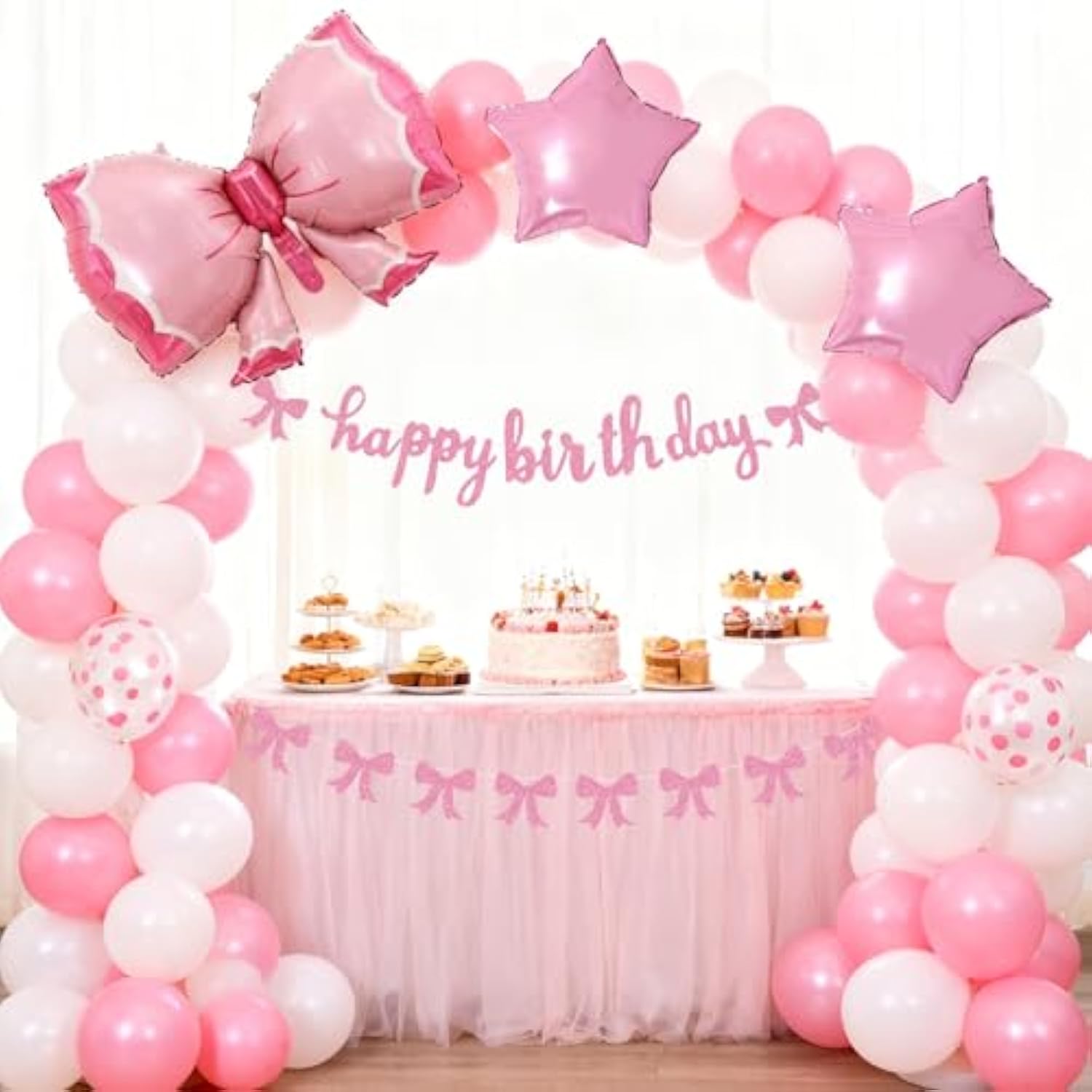 Pink Bow Birthday Decoration Set: Banner, Garland & Balloons