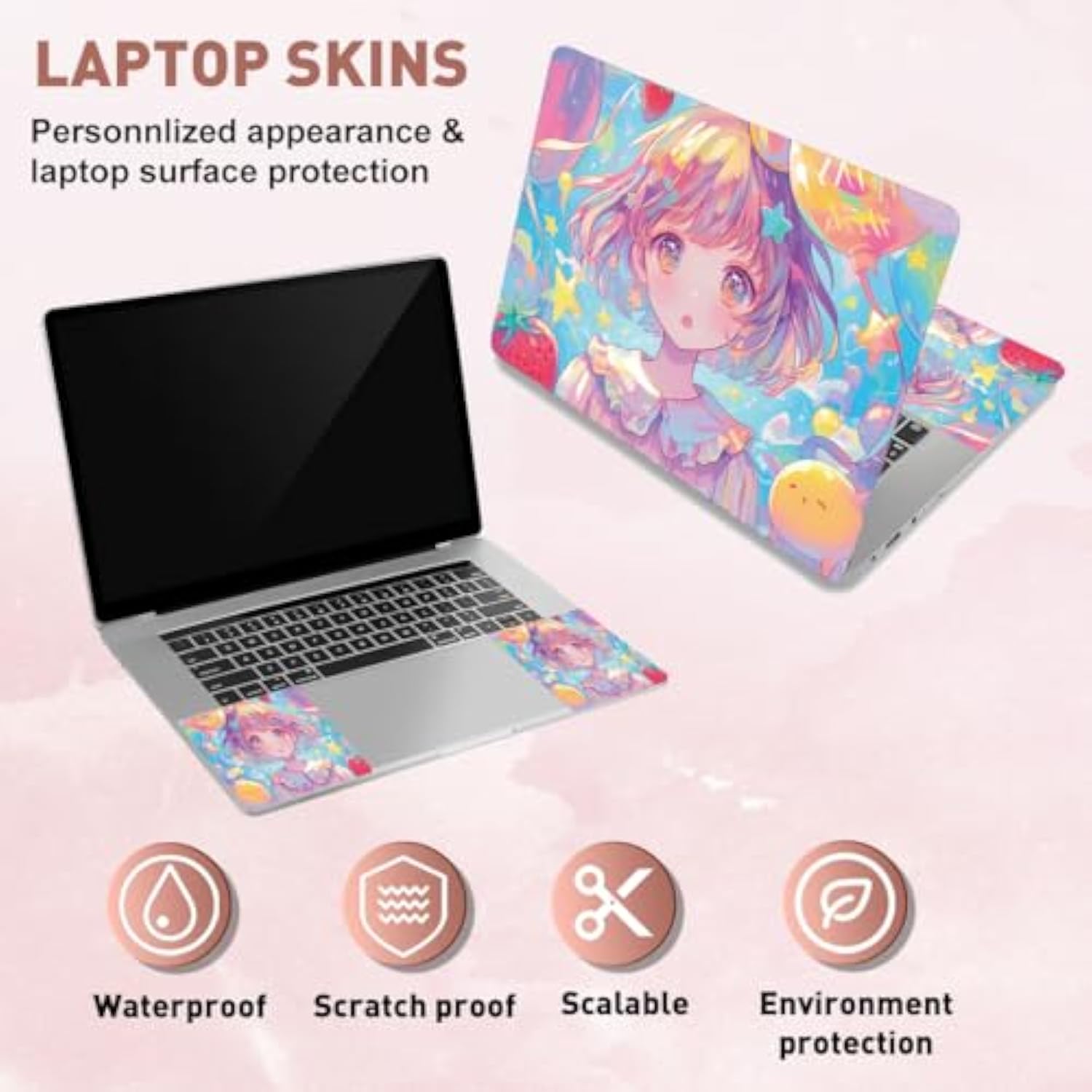 Kawaii Girl Laptop Skin Sticker Decals Fits 12" 13" 13.3" 14" 15 Inch Laptop Cute Universal Removable Vinyl Notebook Cartoon Art Protector Netbook Pc Cover Decal