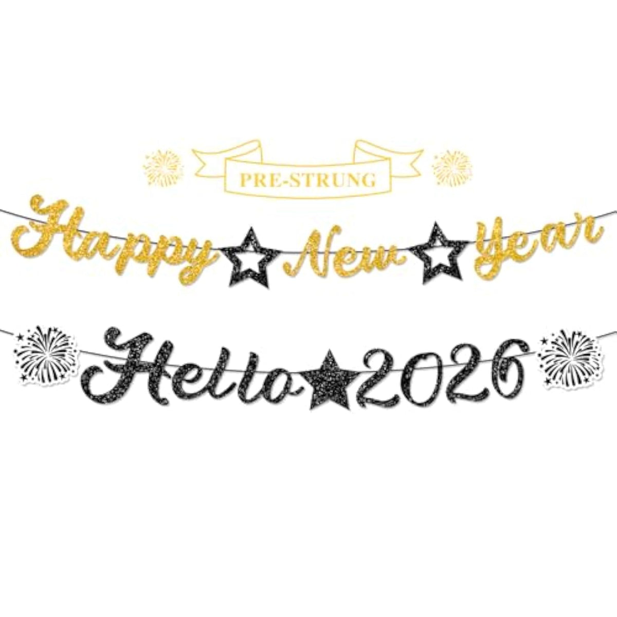 Glitter Black Gold 2026 Happy New Year Banner for Party Decorations
