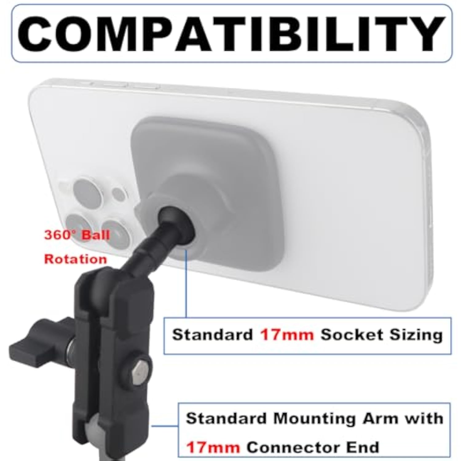 17Mm Ball Mount Extension Adapter, 360° Rotation Extension Rod For Jeep Car Air Vent Dashboard 17Mm Phone Holder, Compatible With Garmin Gps Mount, Aluminum