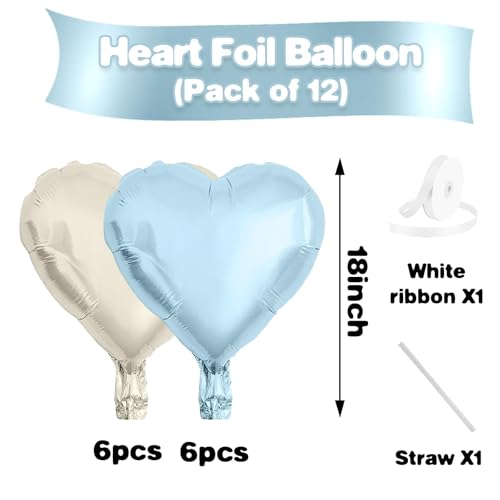 Baby Blue White Heart Balloons,12Pcs 18 Inch Foil Baby Shower Decorations