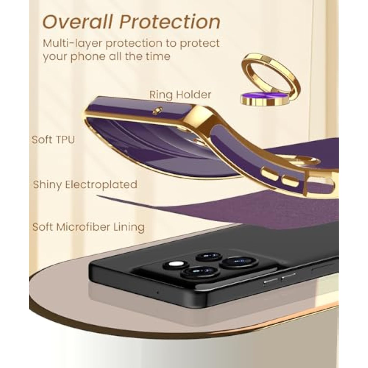 For Moto G Power 5G 2025 Case, 2X Screen Protector, 360° Rotatable Ring Holder Magnetic Kickstand,Plated Gold Edge Slim Soft Tpu Protective Cover For Motorola G Power 5G 2025 (Deep Purple)