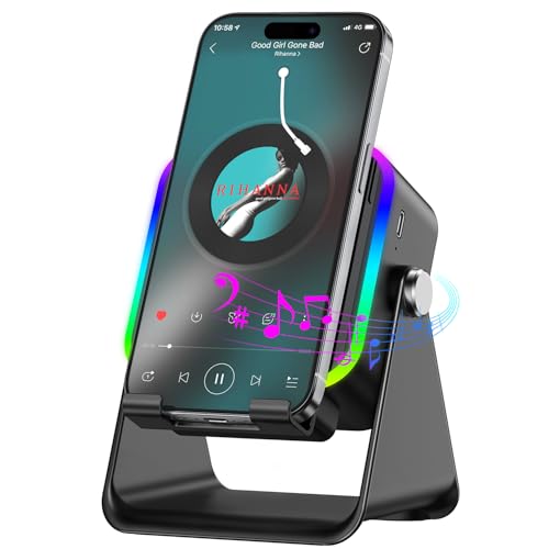 Wireless Induction Speaker 5-In-1 Bluetooth Speaker With Phone Stand,Stereo Sound, 3500Mah Rechargeable, 8 Rgb Ambient Light, 360° Adjustable Holder For Iphone/Android/Ipad,Gifts For Men Women (Black)