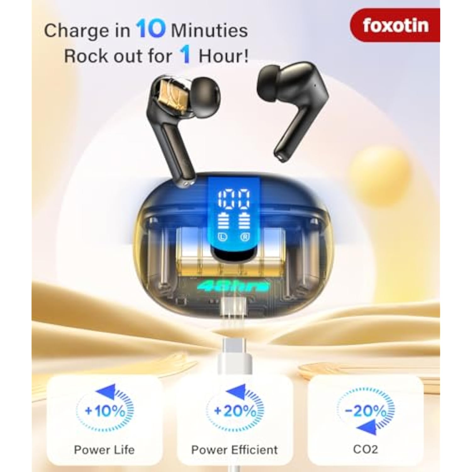 Ear Buds Wireless Earbuds - Bluetooth 5.3 Headphones (48H Playback) Built In Mic With Led Display Charging Case, Ip7 Waterproof Earphone For Iphone Andriod Phones Laptop Sports Workout - Black