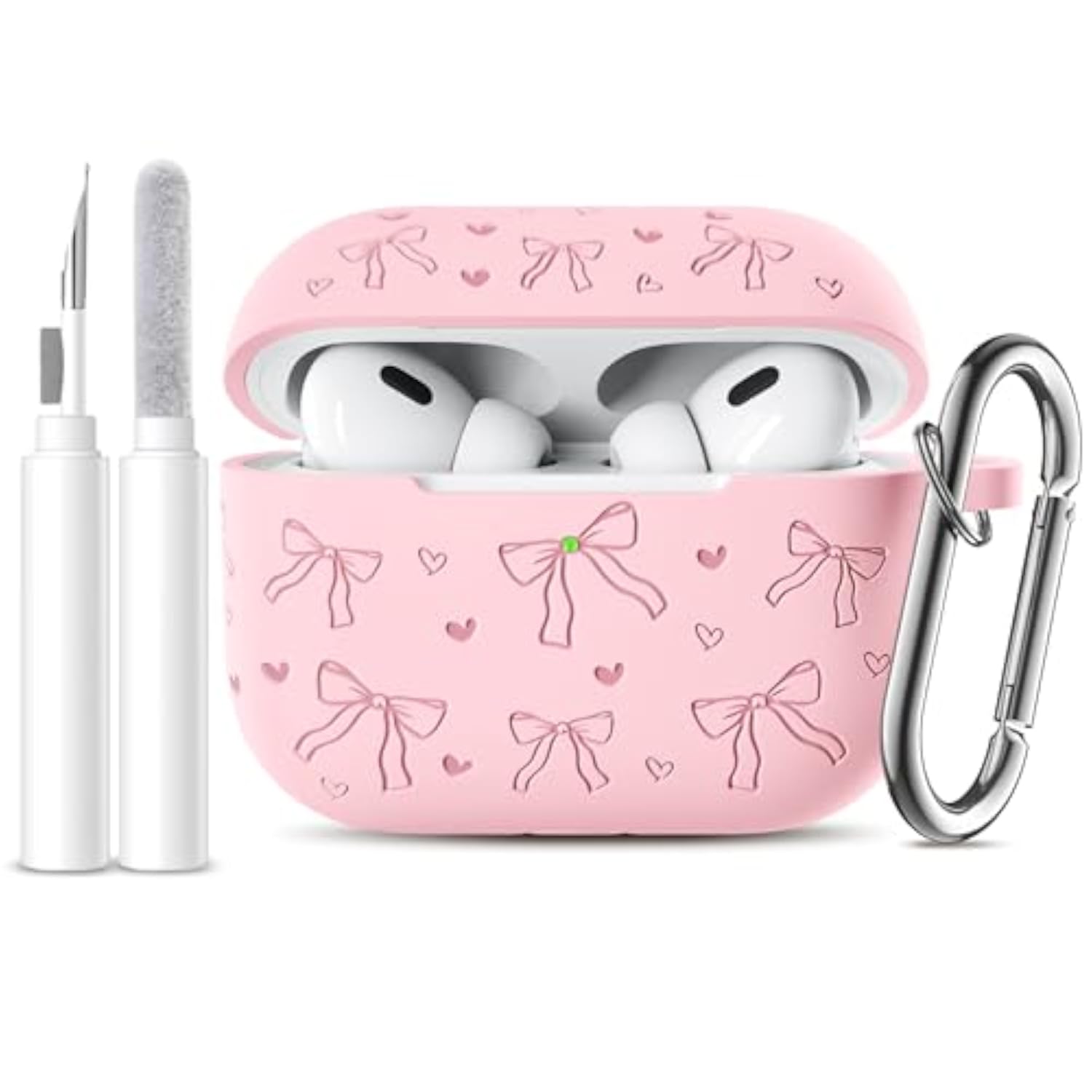 AirPods Pro 2 Case Cover with Cute Bow Heart Engraved Girly Design Soft Silicone Cover, Compatible with Apple AirPods Pro Case for Women, 360°Protection, Pink