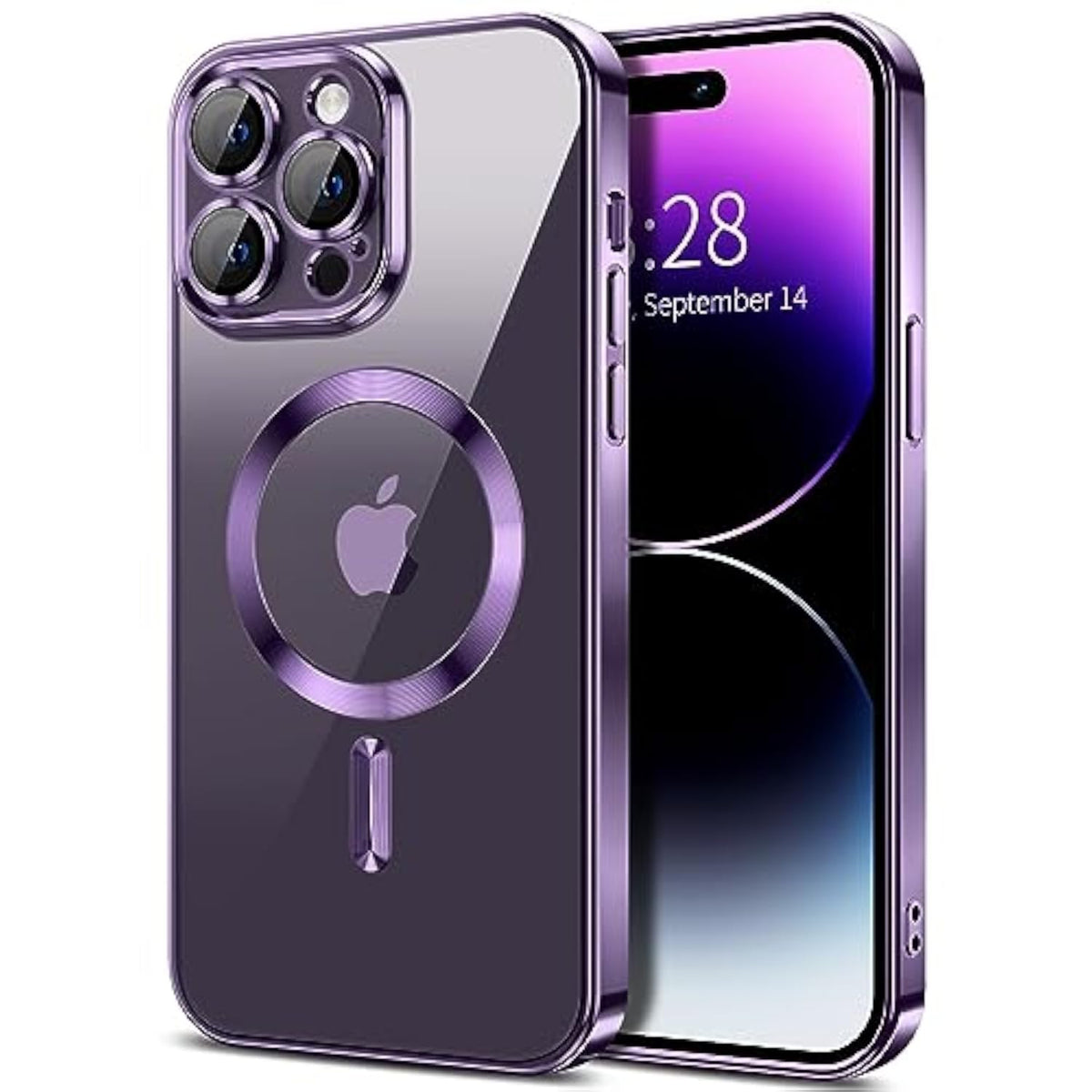 Luxury Clear Magnetic Case for iPhone 14 Pro with Camera Lens Protector, Compatible with MagSafe, Deep Purple, 6.1"
