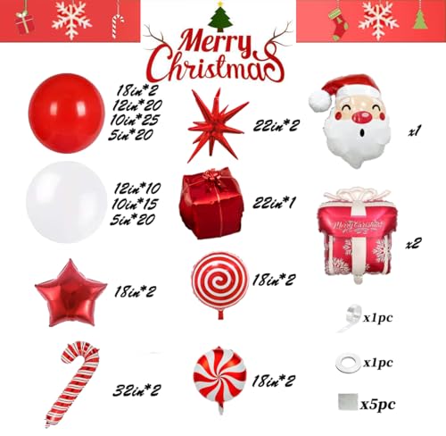 Christmas Balloon Garland Arch kit with Red White Balloons, Candy, Cane, Star, Explosion-Star, Gift Box, santa-claus Foil Balloons for Xmas Party Decorations