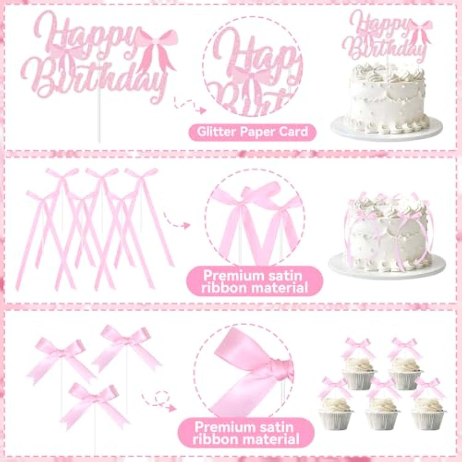 Pink Bow Cake Toppers, Happy Birthday Sign, 12Pcs Ribbion Bow Cupcake Toppers & 6Pcs Cake Toppers For Pink Bow Birthday Decorations, Baby Shower, Bridal Shower, Graduation Party