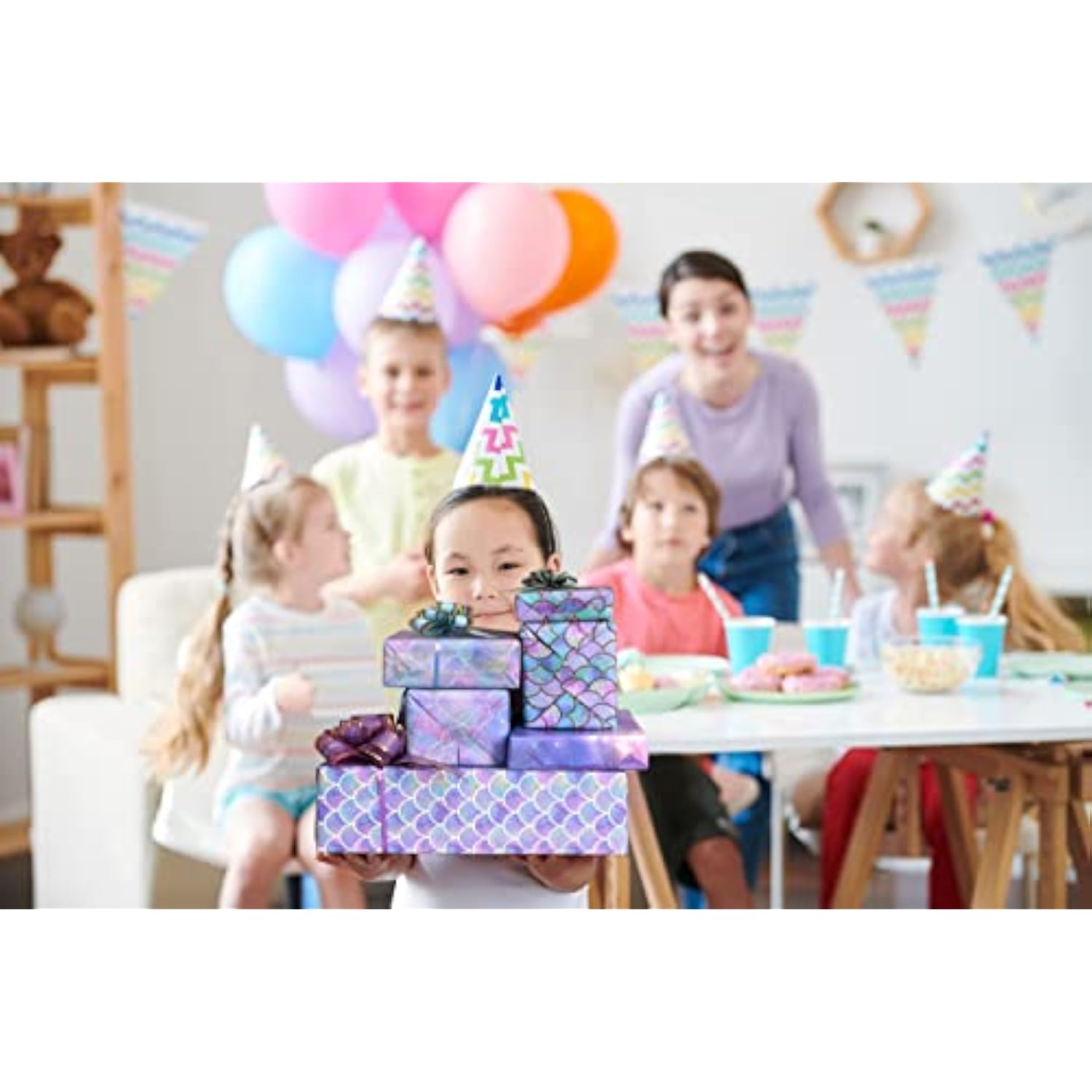 Birthday Wrapping Paper Folded For Girls Kids Baby Women Mermaid Scale Scallop Galaxy 4 Styles Of Gift Wrapping Paper For Weddings Graduation Anniversaries 12 Sheets 20 X 29 Inch