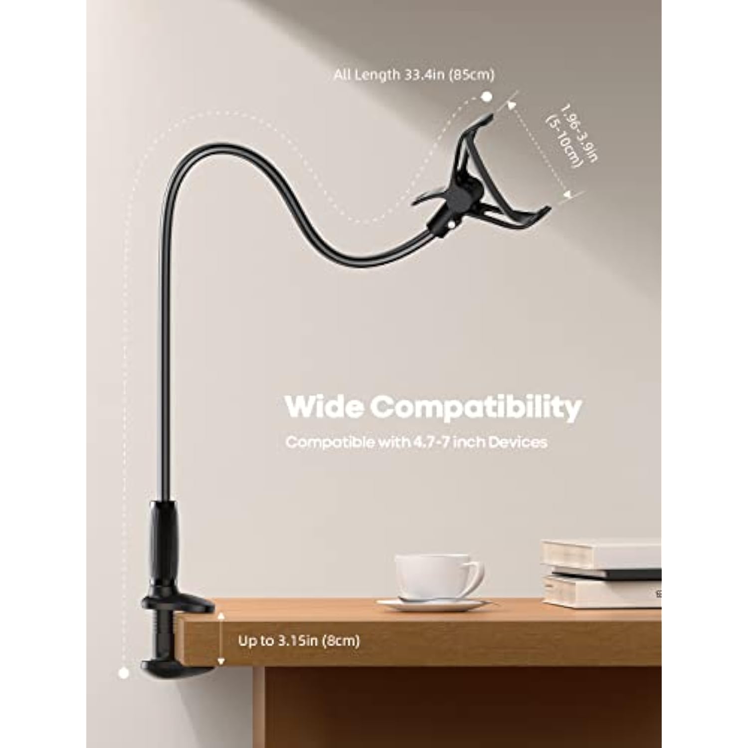 Gooseneck Phone Holder For Bed - [Upgraded Stable Clip] For Desk, Headboard, Bed, Bedside, Table, Flexible Gooseneck Long Arm Stand, Overhead Cell Phone Clamp Mount, For All 4-7” Devices