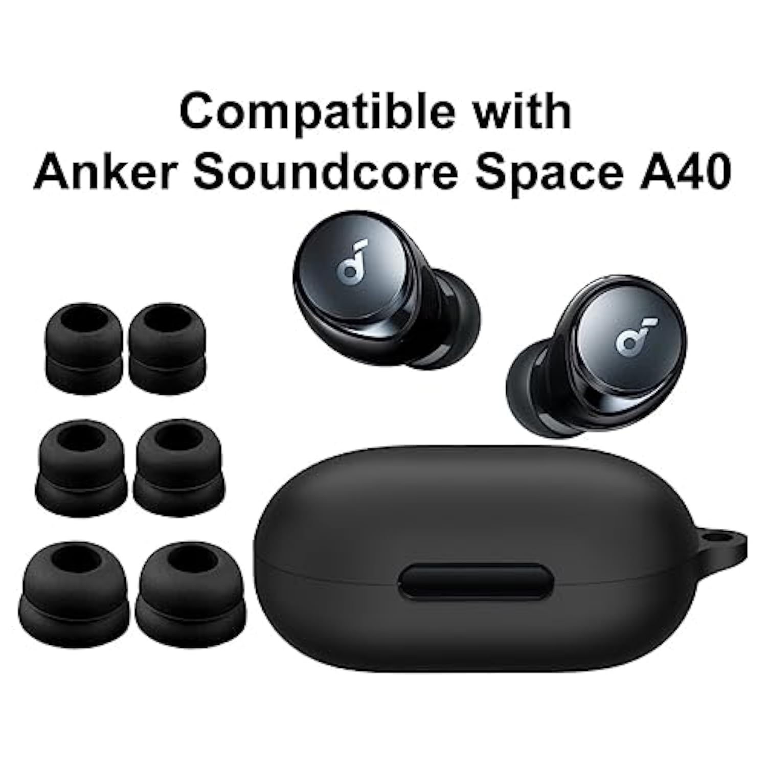 Compatible With Soundcore Space A40 Case Ear Tips Kit, Silicone Cover 3 Pairs Double Flange Eartips With Carabiner Accessories Set Compatible With Soundcore Space A40 Black