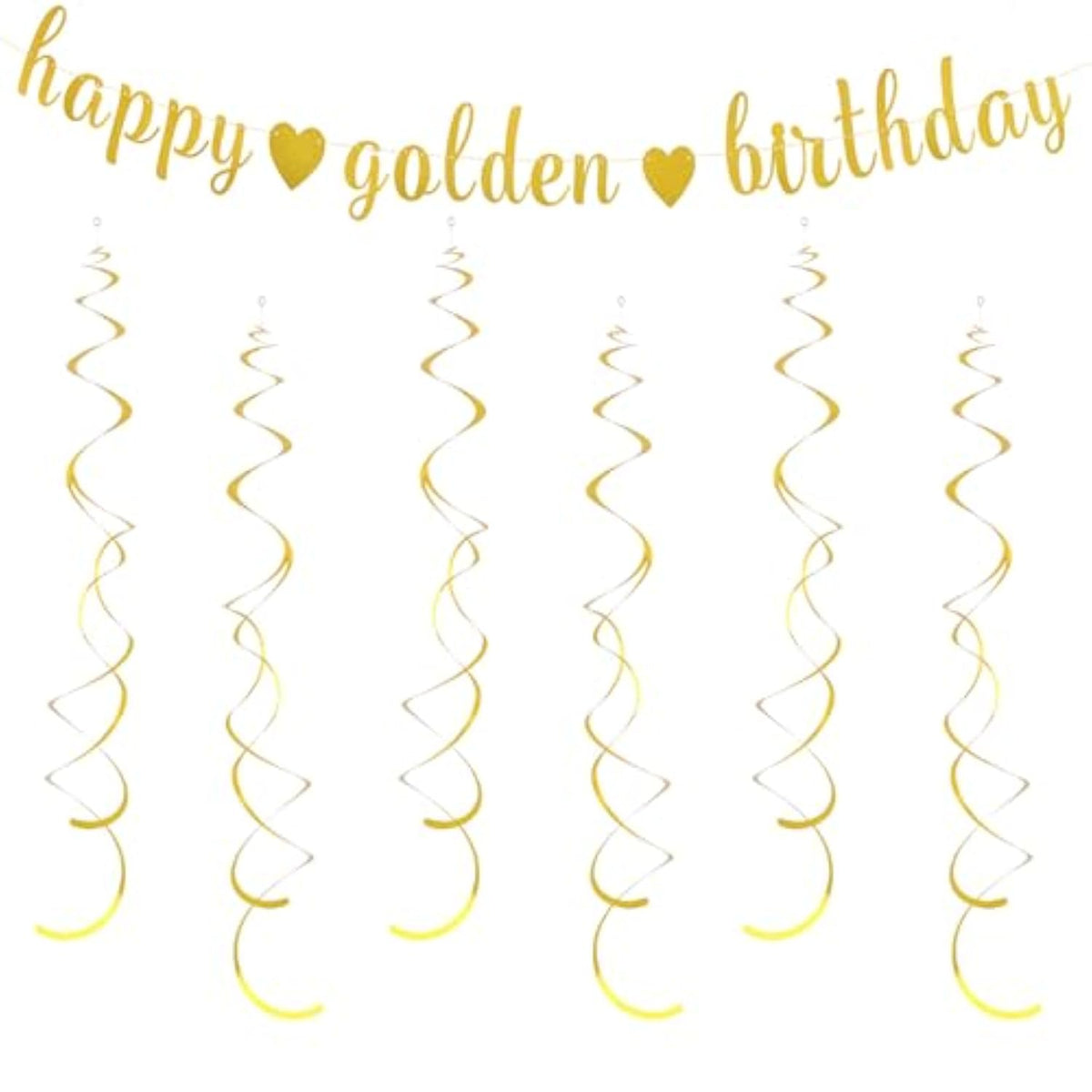 Golden Birthday Banner & Hanging Swirls Set for Girls/Women Party Decor