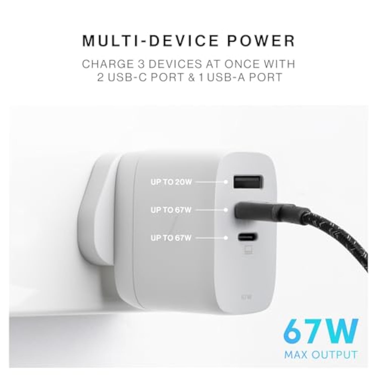 Native Union Fast GaN Charger PD67W – Ultra-Compact Three-Port Power Delivery Enabled USB-C & USB-A Travel Charger – Up to 67W – MacBook Pro, iPads, iPhones, Pixel, Galaxy & More (Black)