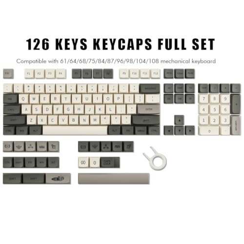 Pbt Keycaps - Xda Profile, 124 Key Retro Grey Set, Dye-Sublimated For Cherry Gateron Mx Switches 100%, 75%, 65%, 60% Mechanical Keyboards