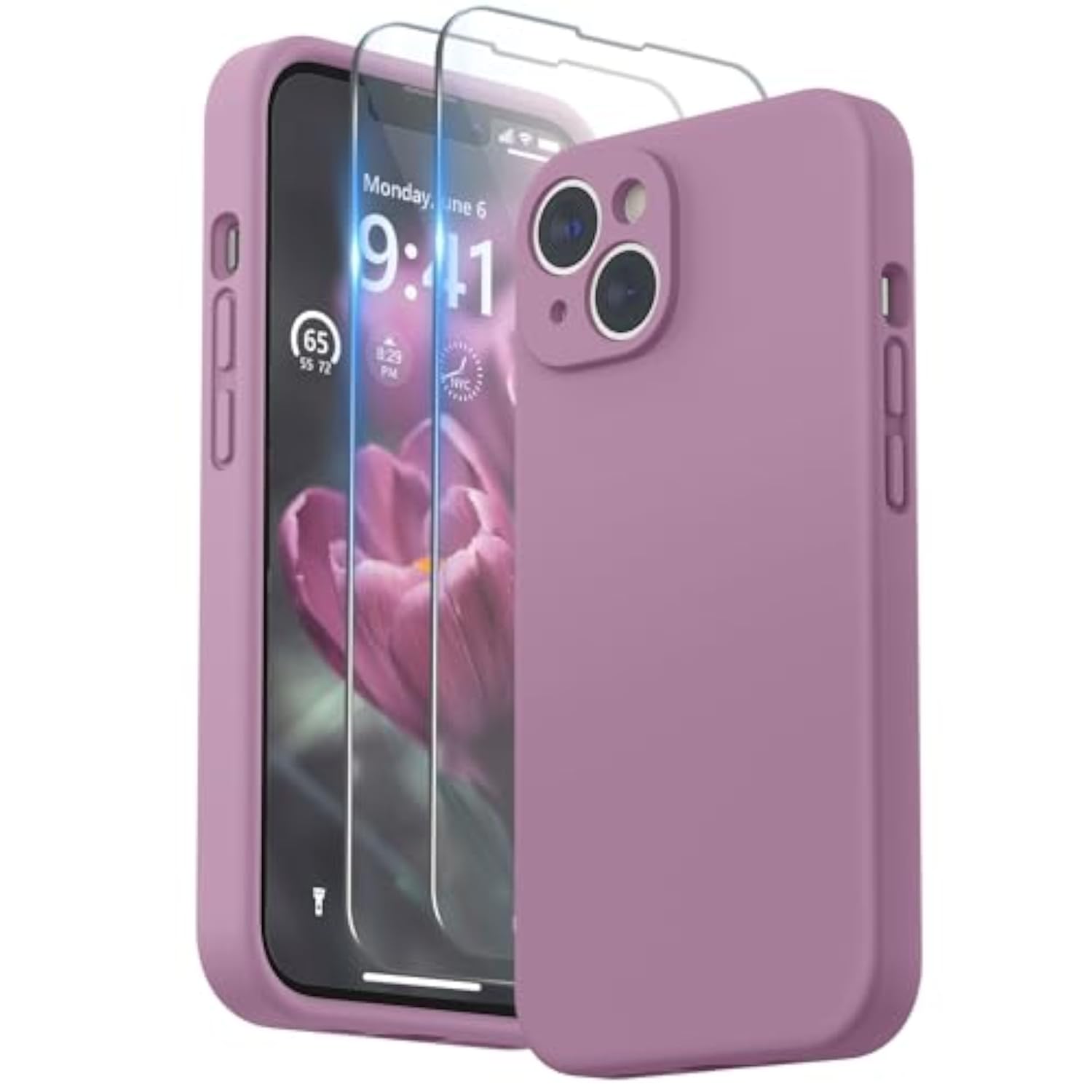 Lilac Purple Liquid Silicone Case for iPhone 14 Plus with Screen Protector and Camera Protection, Soft Microfiber Lining