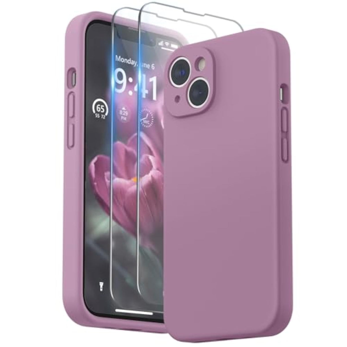 Lilac Purple Liquid Silicone Case for iPhone 14 Plus with Screen Protector and Camera Protection, Soft Microfiber Lining