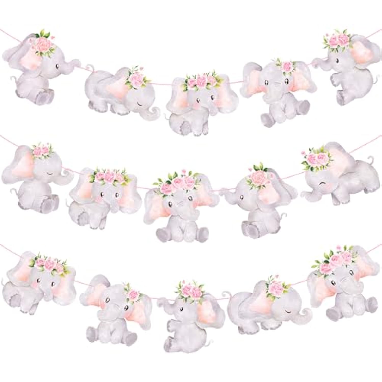 Elephant Party Banner 3Pcs Pink Baby Shower Decoration For Girl Floral Birthday Party Decoration Animals Themed Party Supplies